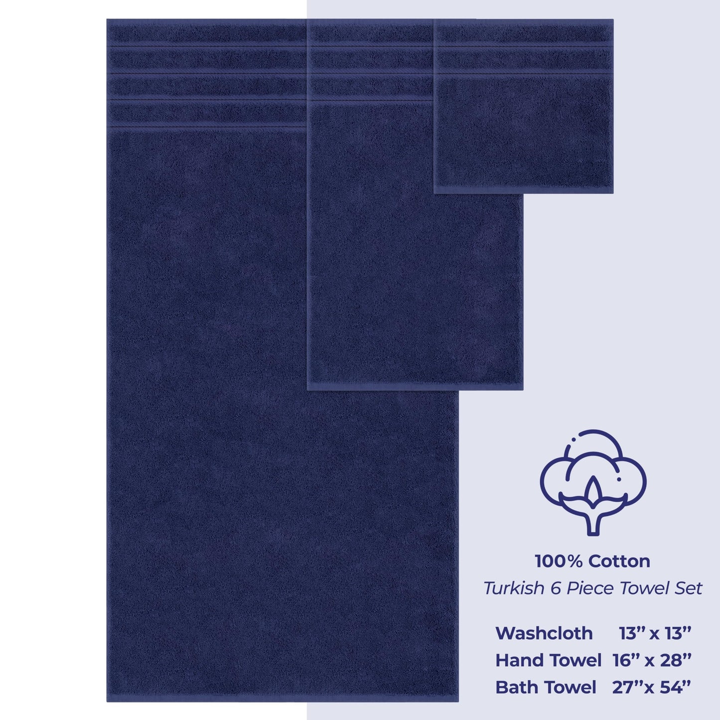 American Soft Linen Luxury 6 Piece Towel Set, 2 Bath Towels 2 Hand Towel 2 Washcloths, 600 GSM 100% Cotton Turkish Towels for Bathroom, Navy Blue Towel Sets