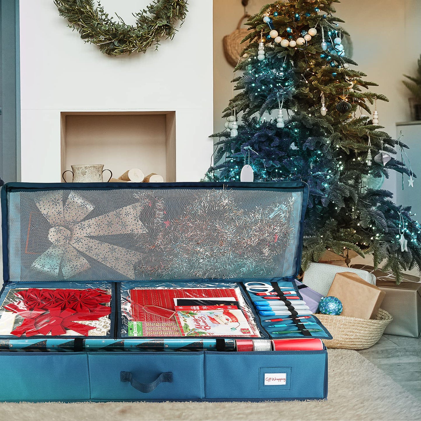 Hearth & Harbor Wrapping Paper Storage Container - Christmas Storage Bag with Ribbon Dispenser and Interior Pockets - Gift Wrap Organizer Fits Up to 26 Rolls of 40" Length, Blue