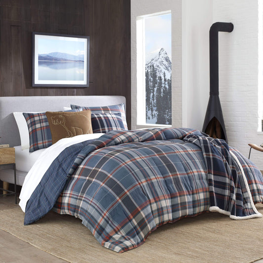 Eddie Bauer - Twin Comforter Set, Reversible Down Alt Bedding with Matching Sham, Home Decor for Colder Months (Shasta Lake Navy, Twin)