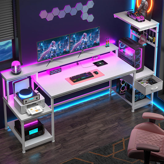 DurayLoly 63" Gaming Desk with LED Lights & Outlets,Computer Desk with Drawers & Monitor Stand,Gaming Table with Storage Shelves & Printer Space for Game Room,Home Office,Bedroom,White