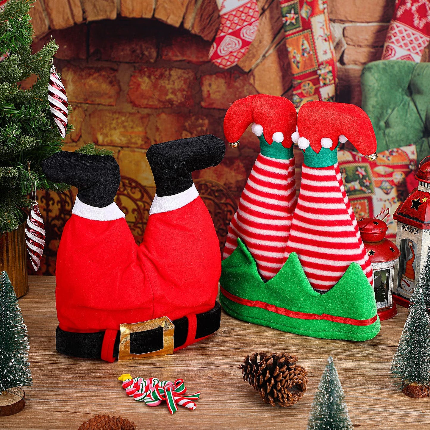 Funtery 8 Pieces Christmas Santa Unisex Hat Funny Long Striped Elf Pants Hat Christmas Tree Tinsel Accessories for Women Men Xmas Costume Party Supplies
