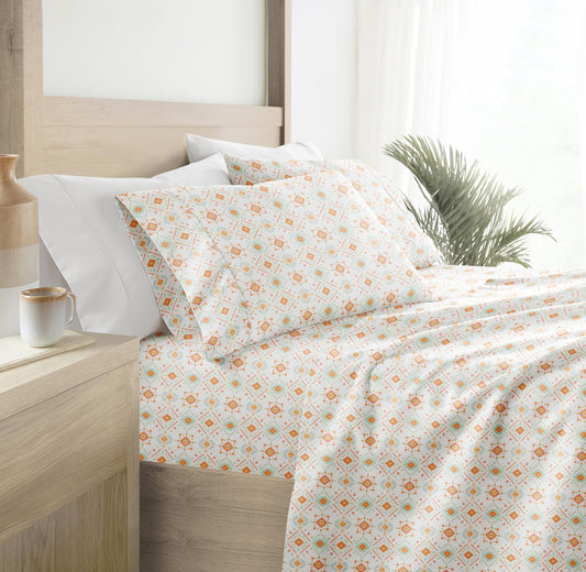 Linen Market Double-Brushed Patterned Microfiber Queen Sheet Set 4 Piece – Oeko-TEX Certified Ultra Soft & Wrinkle-Free - 16" Deep Pocket Sheets - Easy Care Queen Size - Aztec Dreams Coral