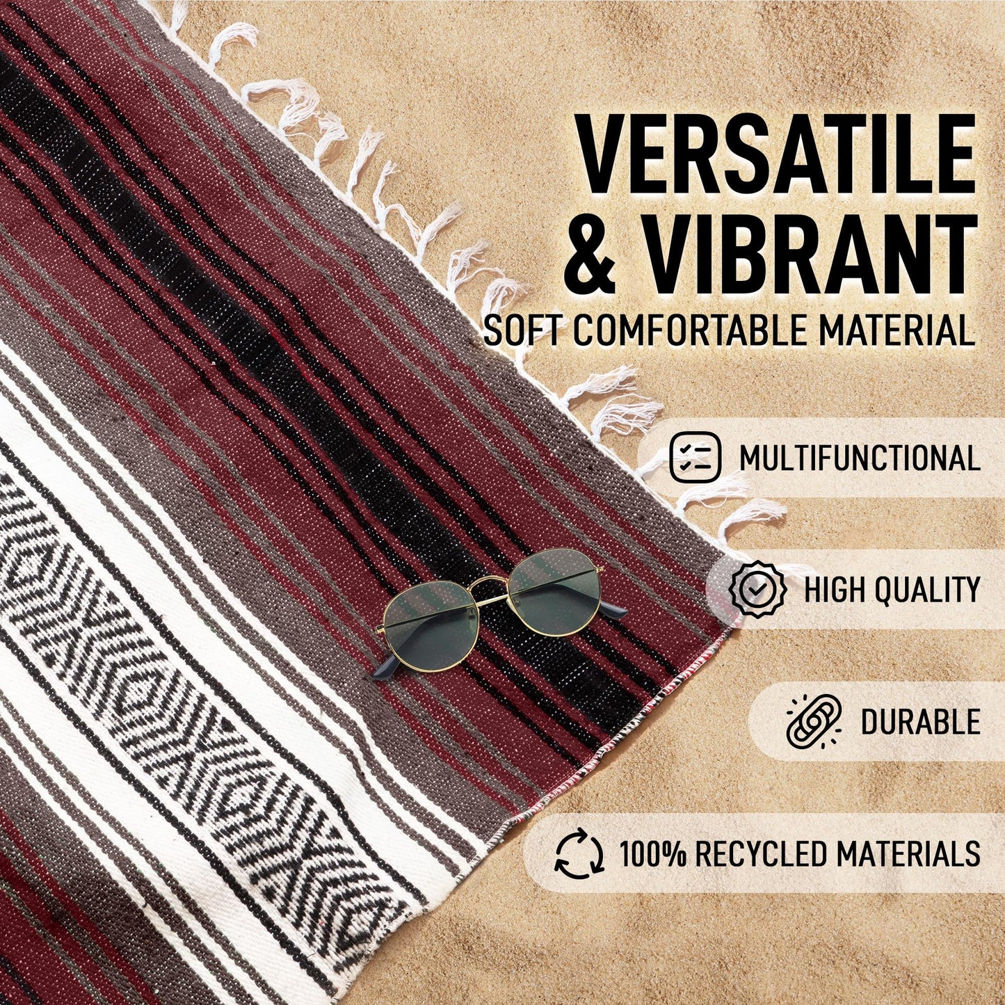 Authentic Large Handwoven Mexican Blanket - Soft Yoga- Durable Serape- Lightweight Falsa, Beach, Camping, Picnic, Outdoor Blanket 70"x50" - Cherry