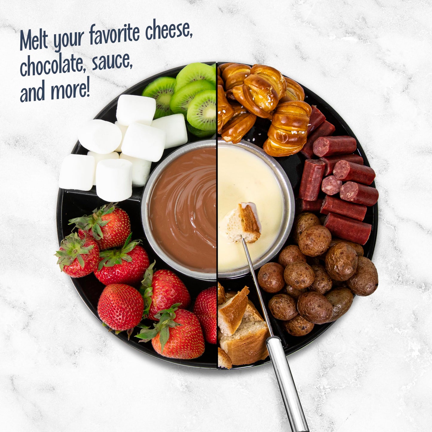 Nostalgia 10 Oz Electric Fondue Pot Set for Cheese & Chocolate - 4 Dipping Forks, 3-Section Food Tray - Kitchen Gadgets and Appliances for H'ors Deouvres, Entrees, Desserts - Black