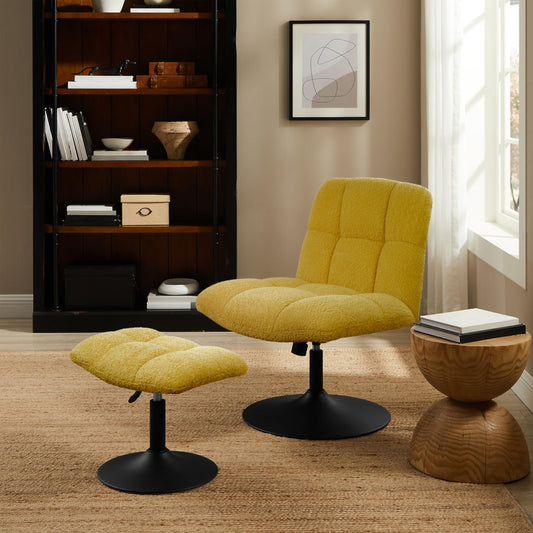 Art Leon Swivel Desk Chair with Footstool, Armless Office Desk Chair No Wheels, Modern Adjustable Backrest and Seat Height Swivel, Metal Base Computer Task Vanity Chair, Yellow