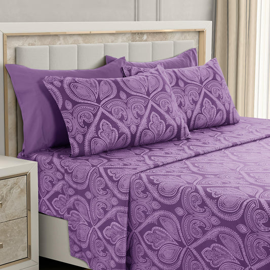 LUX Décor Paisley King Sheet Set, 6 PC Soft Microfiber Wrinkle Free Sheets - Luxurious Printed Bed Sheets Includes Flat Sheet, Fitted Sheet with Deep Pockets, & 4 Pillowcases - Purple