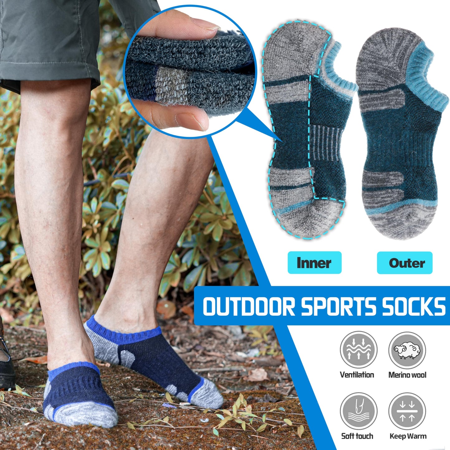 Merino Wool Hiking No Show Running Socks Thick Warm Low Cut Ankle Thermal Athletic Gift Socks for Women Men 6 Pairs Stocking Stuffers (Assorted,M)