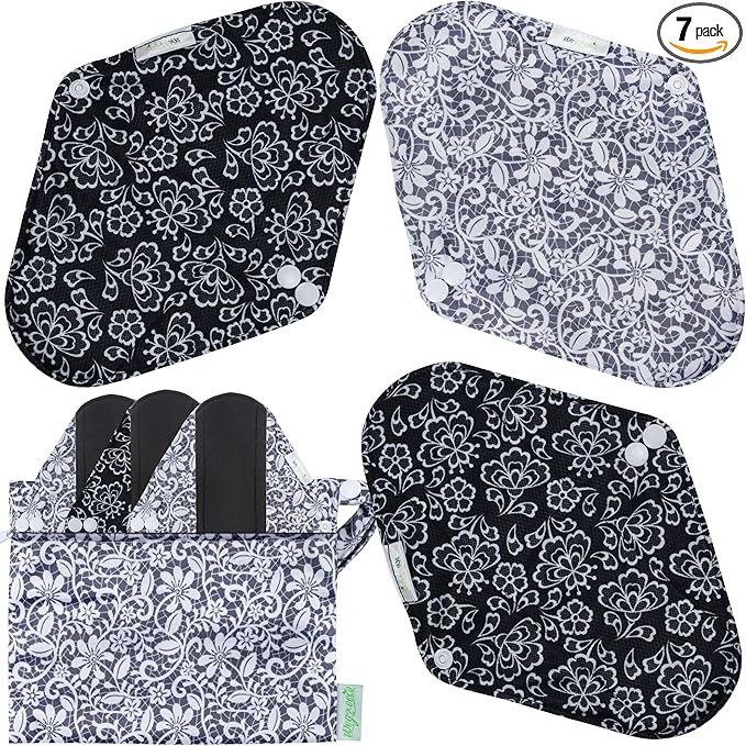 wegreeco Reusable Menstrual Pads - Reusable Sanitary Pads | Reusable Panty Liners | Soft Cloth Menstrual Pads - 6 Pack with 1 Cloth Wet Bag (Black, Grey Lace, Medium