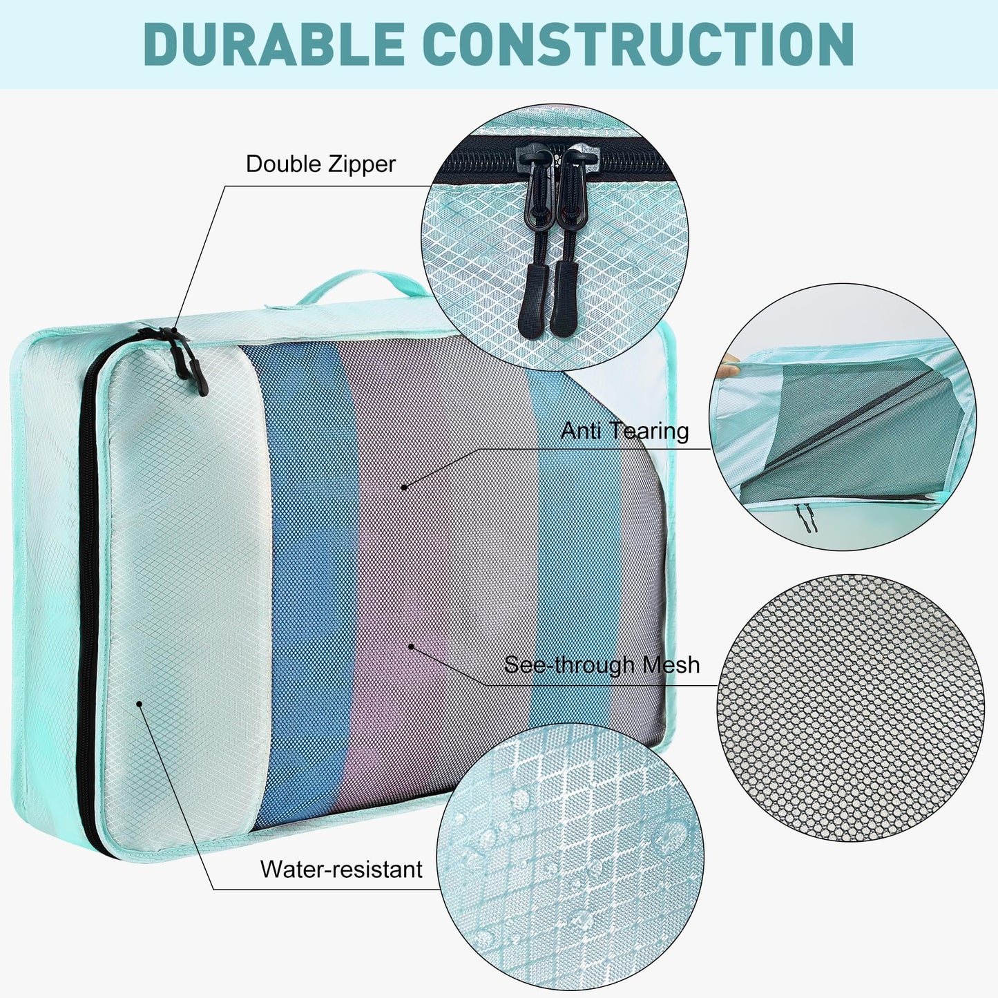 Toncoke 8 Set Packing Cubes for Travel Women Men Kids, Mesh Suitcase Organizer Bags Set for Luggage, 4 Sizes Extra Large, Large, Medium, Small, Travel Camping Essentials Accessories, Lake Blue