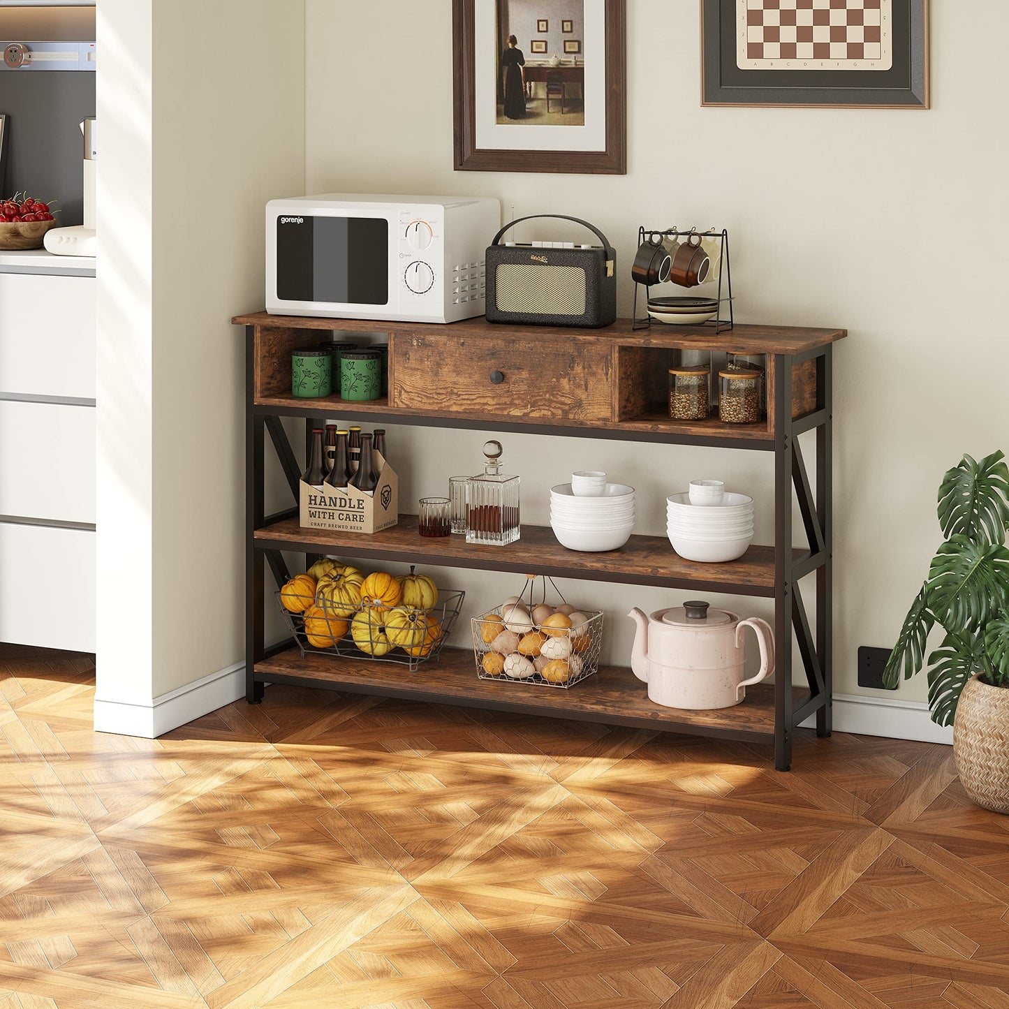 Mexin Console Table with Drawer Shelves, Entryway Table with 3 Tier Storage Shelves, Industrial Wood Hallway Sofa Table for Living Room, Couch, Foyer, Kitchen Counter, 47 Inch Rustic Brown