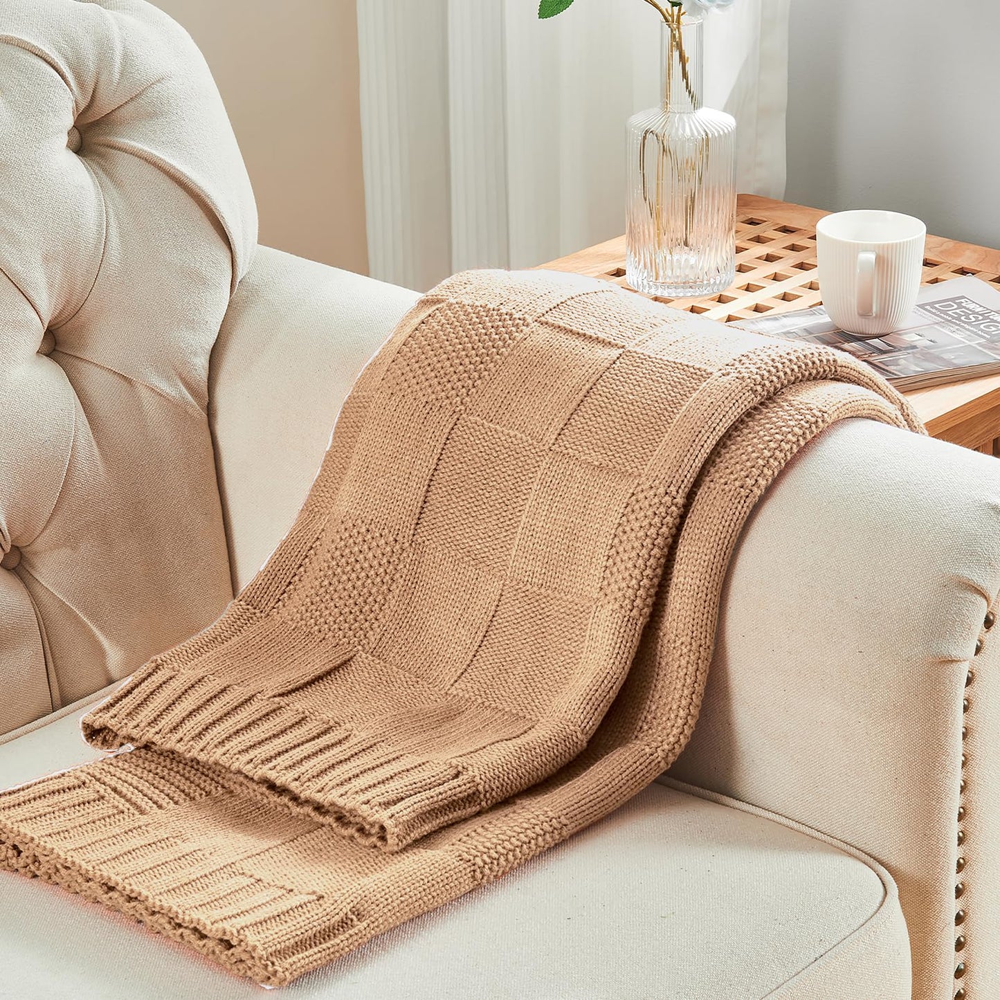 CozeCube Check Knit Throw Blanket, Beige Checkered Throw for Couch, Decorative Christmas Soft Cozy Warm Knitted Blanket for Bed Sofa Living Room, 50"X60"