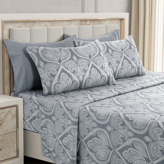 LUX Décor Paisley Queen Sheet Set, 6 PC Soft Microfiber Wrinkle Free Sheets - Luxurious Printed Bed Sheets Includes Flat Sheet, Fitted Sheet with Deep Pockets, & 4 Pillowcases - Grey