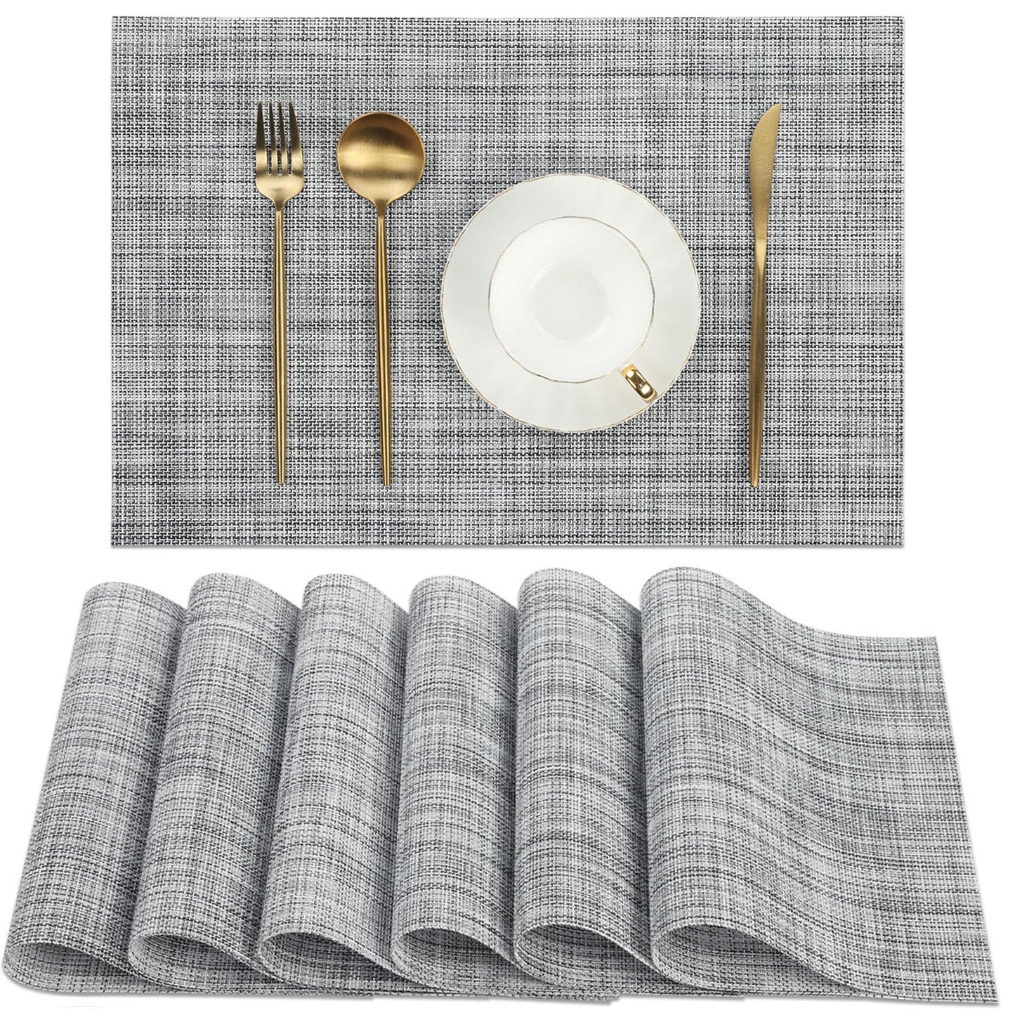 SHACOS Woven Vinyl Placemats Set of 6 Wipe Clean Table Placemats Heat Resistant Wipeable Non Slip Table Mats Indoor Outdoor, Gray White