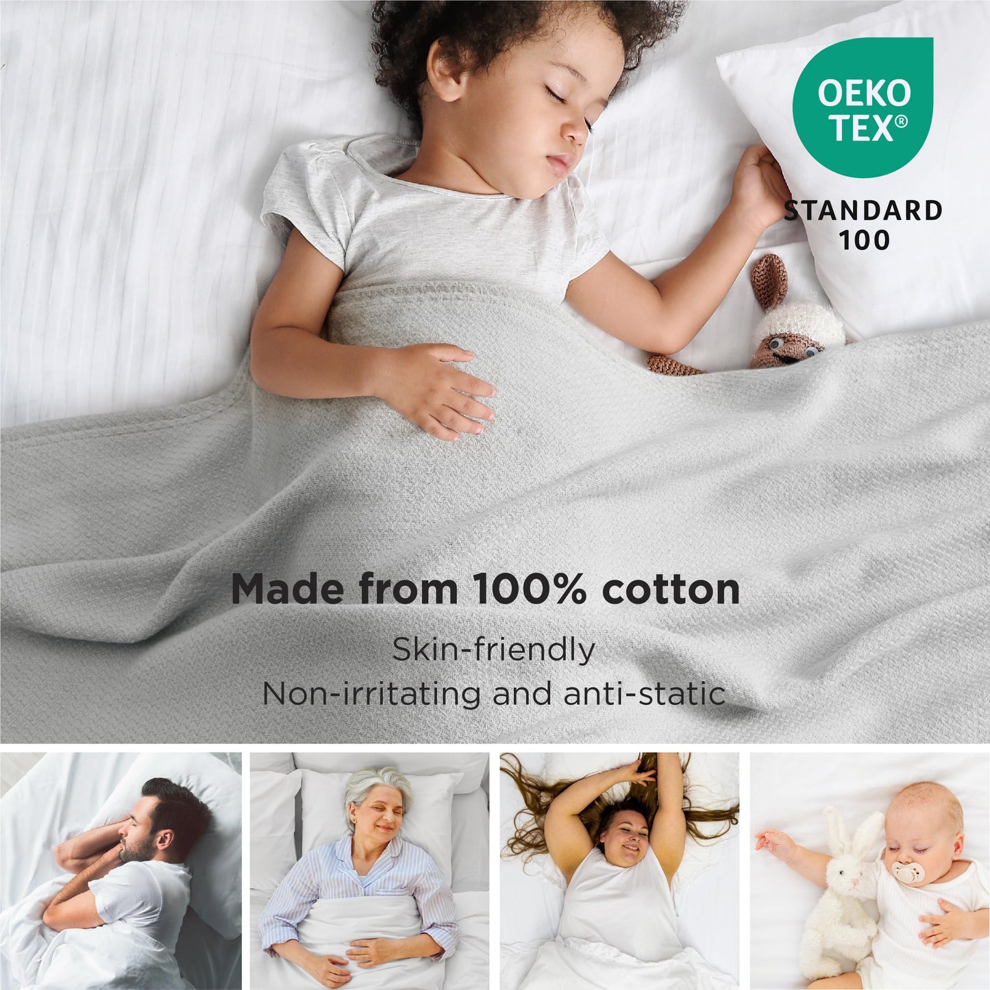 Bedsure 100% Cotton Blanket King Size for Bed - Breathable and Lightweight, Soft Cozy Textured Herringbone Woven Blanket for Summer, Grey, 108x90 inches