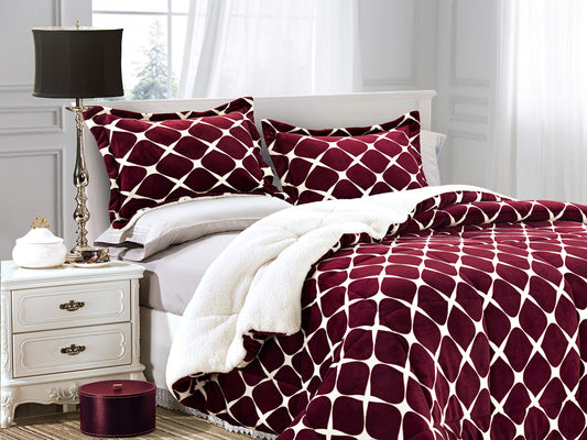Elegant Comfort Softest, Coziest Premium Quality Heavy Weight Bloomingdale Pattern Micromink Sherpa-Backing Reversible Down Alternative Micro-Suede 3-Piece Comforter Set, King, Burgundy