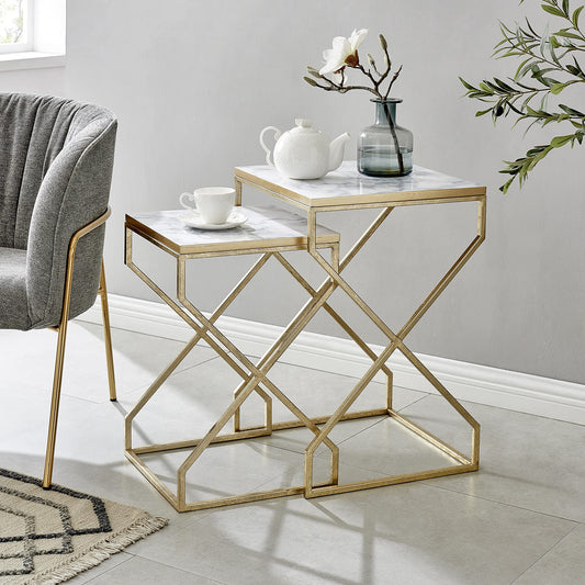FirsTime & Co. Gold Mackenzie Marbleized Nesting End Table 2-Piece Set, Side Table, Night Stand, Metal and Wood, 15.75 x 15.75 x 23.75 inches