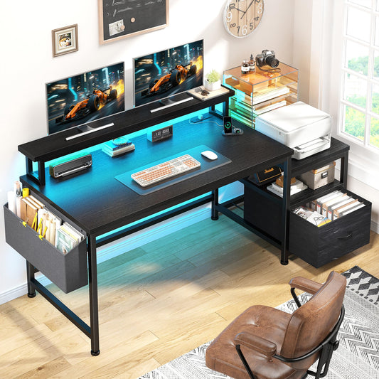 DurayLoly Computer Desk with Power Outlets and LED Lights,57" Home Office Desks with Drawers and Printer Space,Office Desk with File Drawers Cabinet,Gaming Table with Shelves Monitor Stand,Black