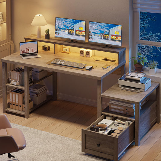 EnHomee 63" Farmhouse Style Computer Desk with Drawers and LED Lights, Storage Shelves and Power Outlets, Home Office Desks with Long Monitor Stand for Work, Study, Writing, Ash Gray