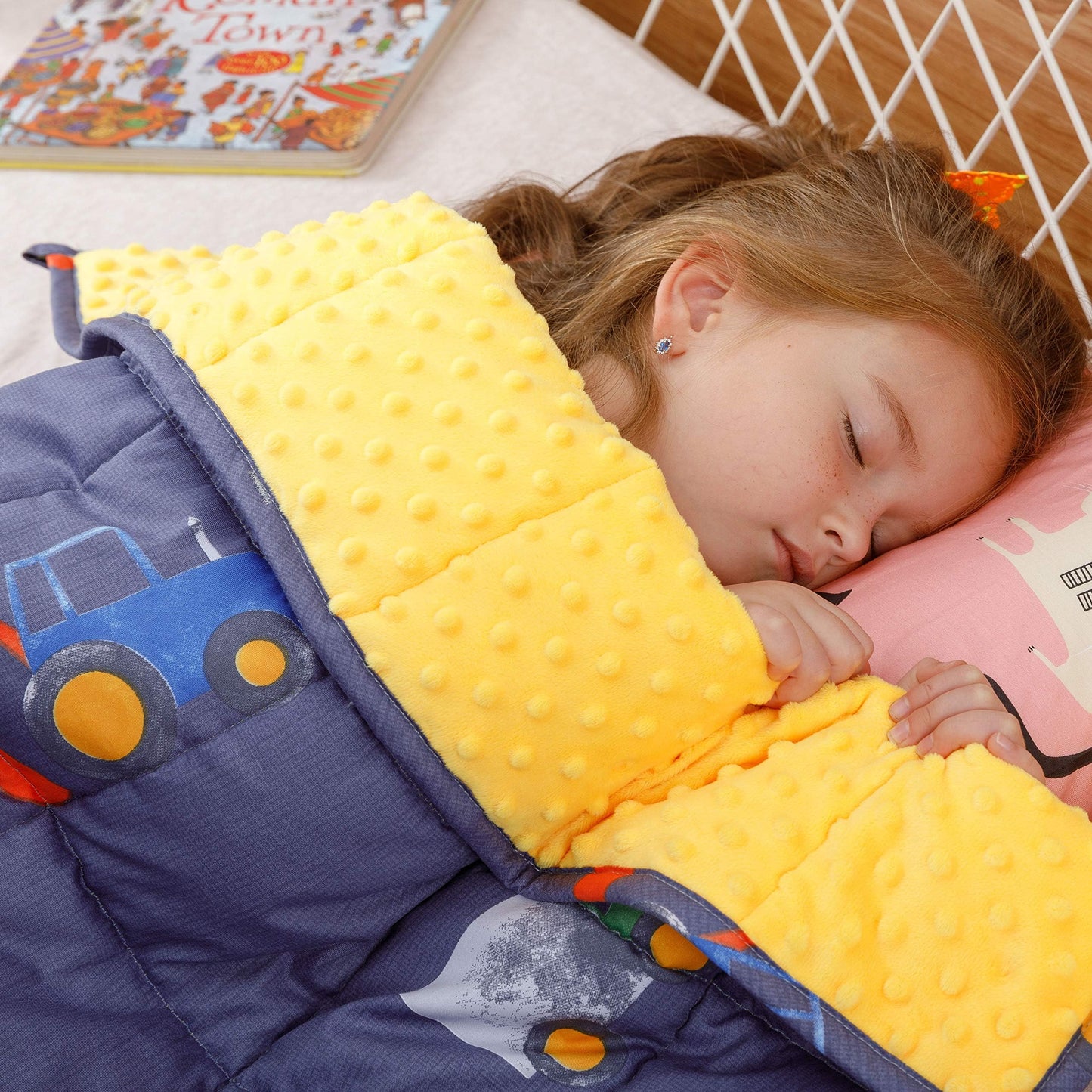 Uttermara Weighted Blanket 3 lbs, Ultra Cozy Minky Fleece and Cotton Sided with Cartoon Patterns, Reversible Heavy Blanket Great for Calming and Sleeping, 36x48 inches, Blue Car World