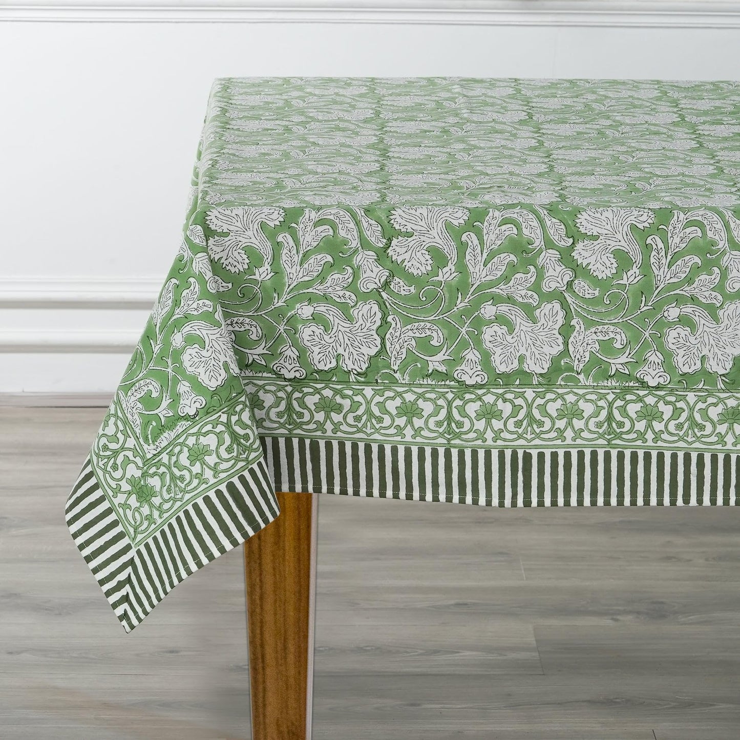 Ridhi Sage Green 100% Cotton Summer Fall Rectangle Tablecloth Hand Block Print Print Washable Reusable Table Cover Farmhouse Parties Buffet Dining Weddings Country French Easter Spring 70 x 118
