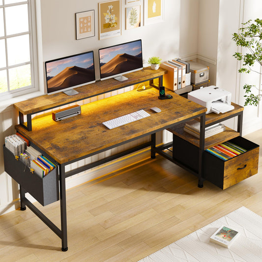 EnHomee 57" Computer Desk with Drawers and Printer Space,Office Desk with Power Outlets,Home Office Desks with File Drawers Cabinet,Study and Gaming Desk with Shelves Monitor Stand,Rustic Brown