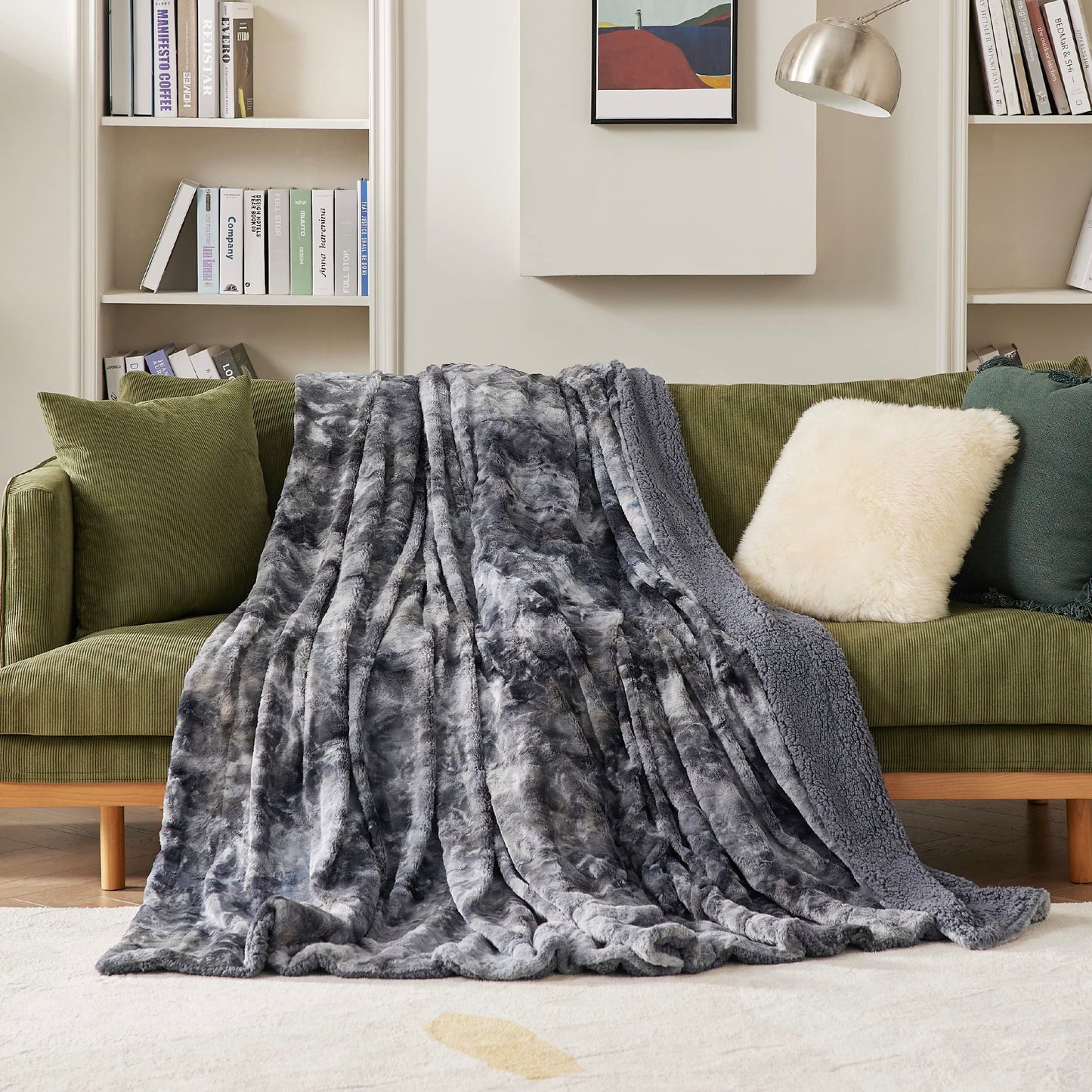 Bedsure Sherpa Fluffy Blanket Queen Size for Bed - Fleece Soft and Cozy Throw for Women, Plush & Fuzzy Faux Fur Blanket for Couch, Sofa and Decor, Tie Dye Design, Grey, 90x90 Inches