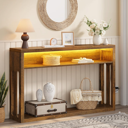 FAVOOSTY Farmhouse Console Table with Storage, 47" Entryway Console Table with Led Light, 2-Tier Entryway Table Sofa Table Behind Couch Table Hallway Stand for Living Room,Foyer,Entrance Brown